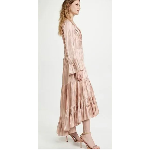 Cinq a Sept Nina Satin Tiered V-Neck Long Sleeve Maxi Dress Size 6 Travertine - Picture 3 of 13